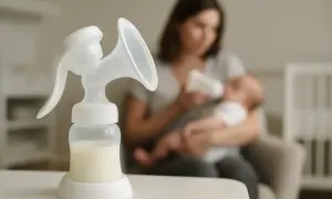 Laktator z mlekiem na pierwszym planie. W tle kobieta karmi dziecko butelką. Pomoc w karmieniu i jak pobudzić laktację.