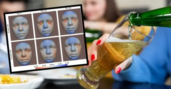 Grafika pokazuje wpływ nieświadomego picia alkoholu na początku ciąży na rozwój twarzy dziecka.