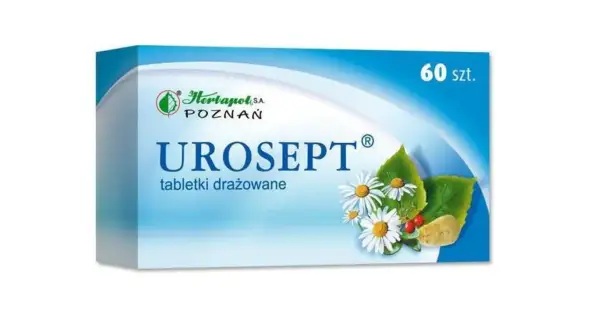 Opakowanie Urosept, tabletek drażowanych z rumiankiem i żurawiną, 60 szt. Bezpieczny dla kobiet w ciąży.