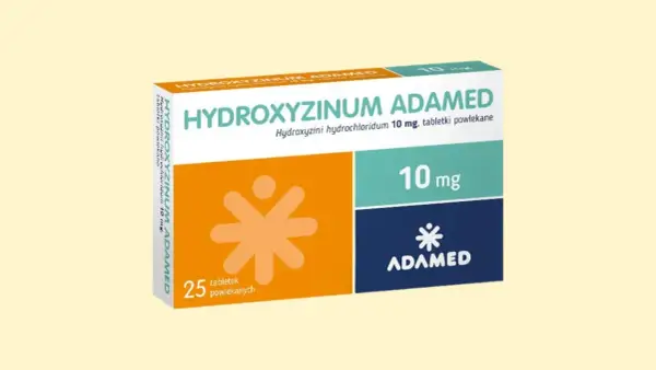 Opakowanie leku Hydroxyzine Adamed 10 mg. Stosowanie hydroksyzyny w ciąży wymaga konsultacji z lekarzem. 25 tabletek.