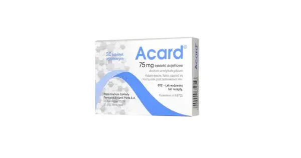 Opakowanie leku Acard 75 mg, zawierające 30 tabletek dojelitowych. Jest to lek bez recepty, nie heparyna.