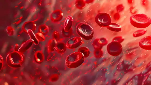Czerwone krwinki i drobne, czerwone cząsteczki, być może sugerujące neutrofile za wysokie w ciąży.