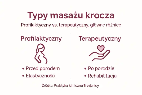 Porównanie masażu krocza: profilaktyczny (przed porodem, elastyczność) i terapeutyczny (po porodzie, rehabilitacja). Jak wykonać masaż krocza?